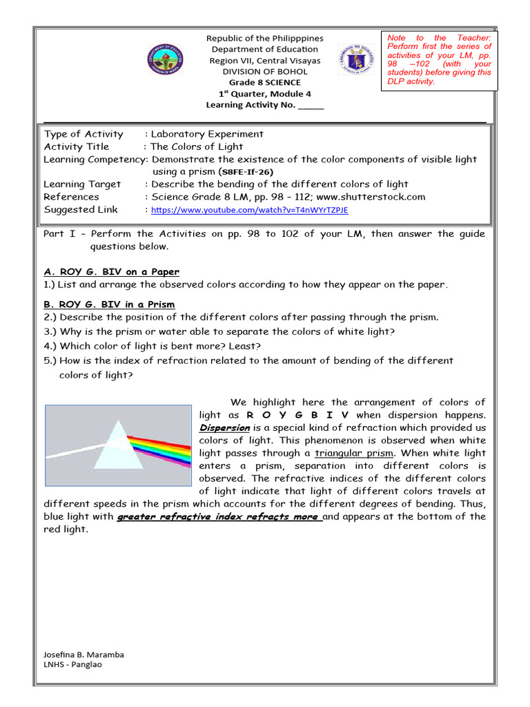Refraction and Color Dispersion Experiment | PDF | Refraction | Color