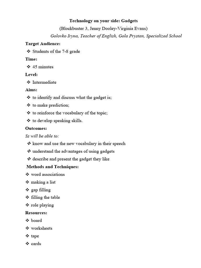 Gadgets Vocabulary Lesson Plan | PDF | Vocabulary | Communication
