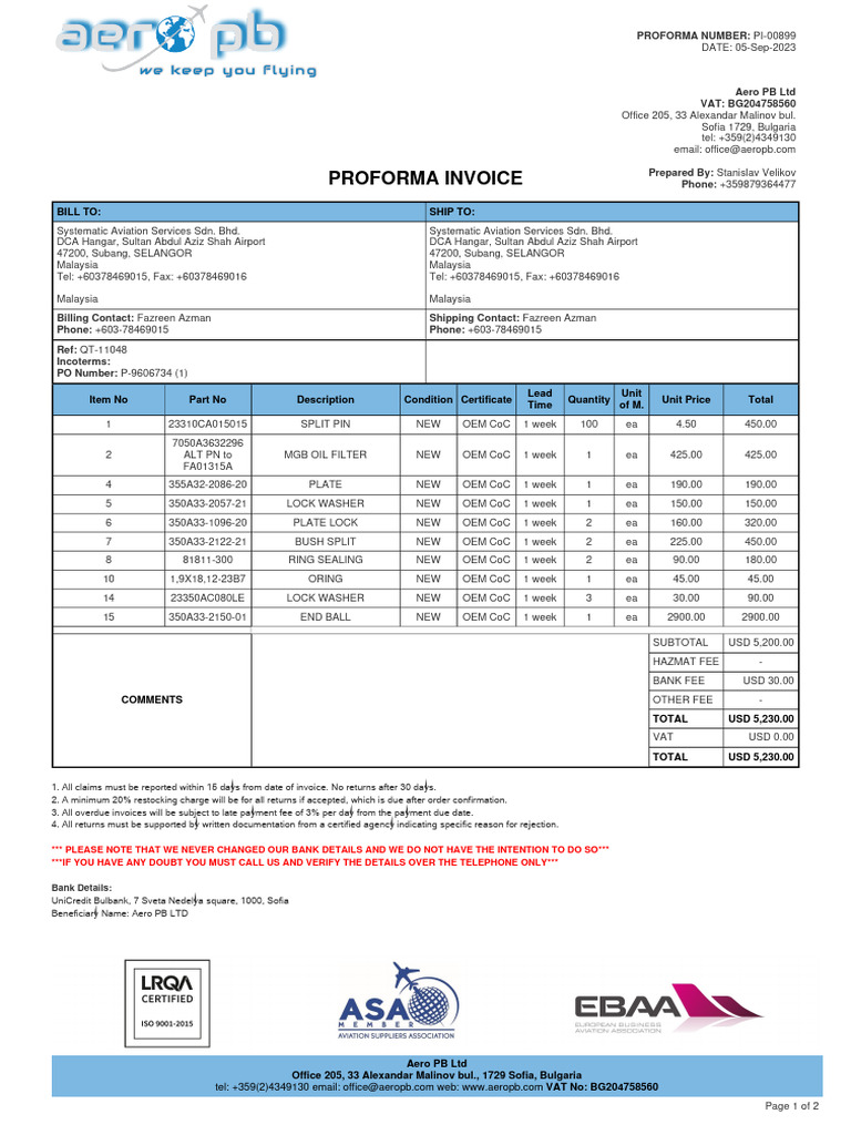 Proforma Invoice for Systematic Aviation | PDF | Money | Service Industries