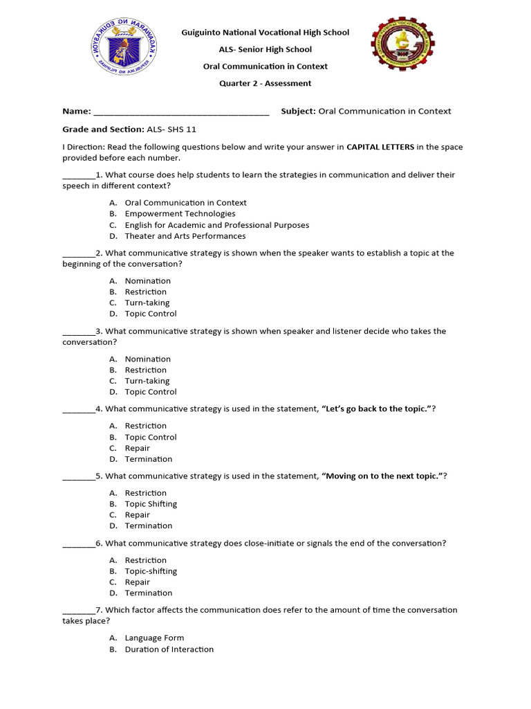 Oral Comm Quiz 1 PDF Communication Conversation