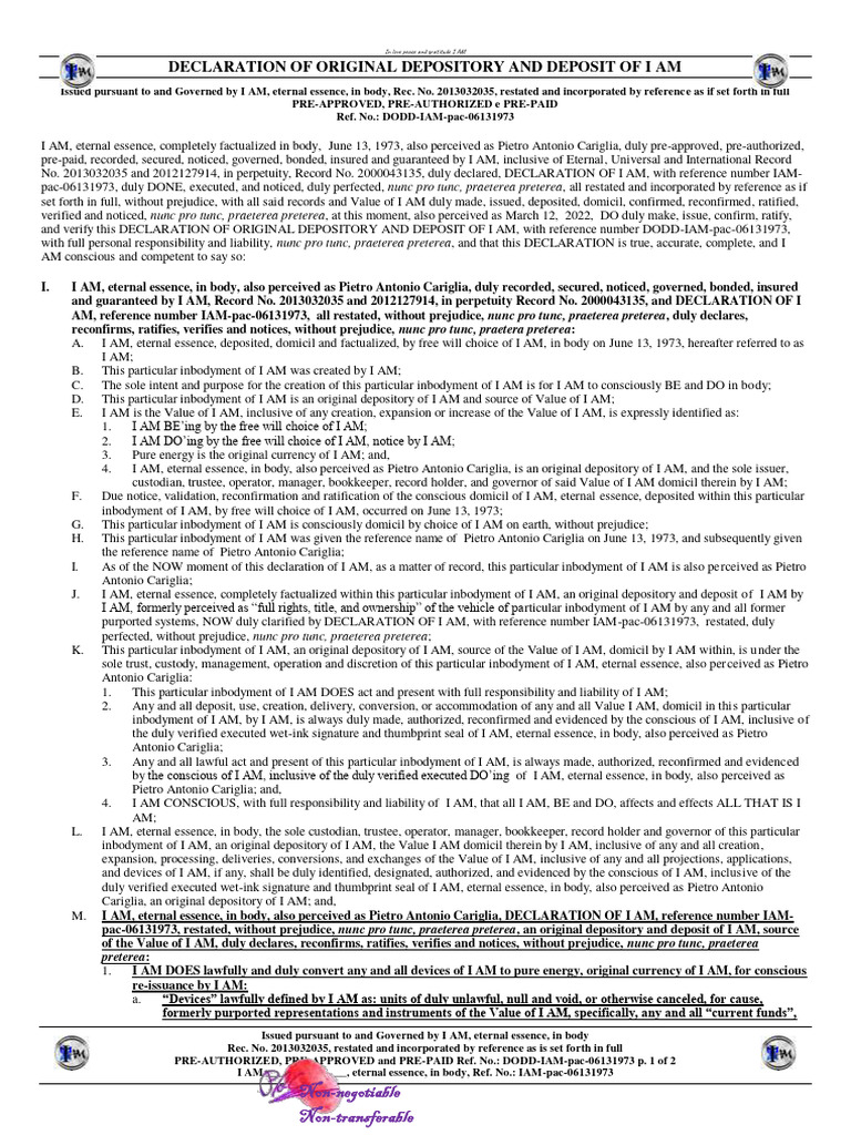 Declaration of I AM and Original Depository | PDF | Civil Law (Legal ...