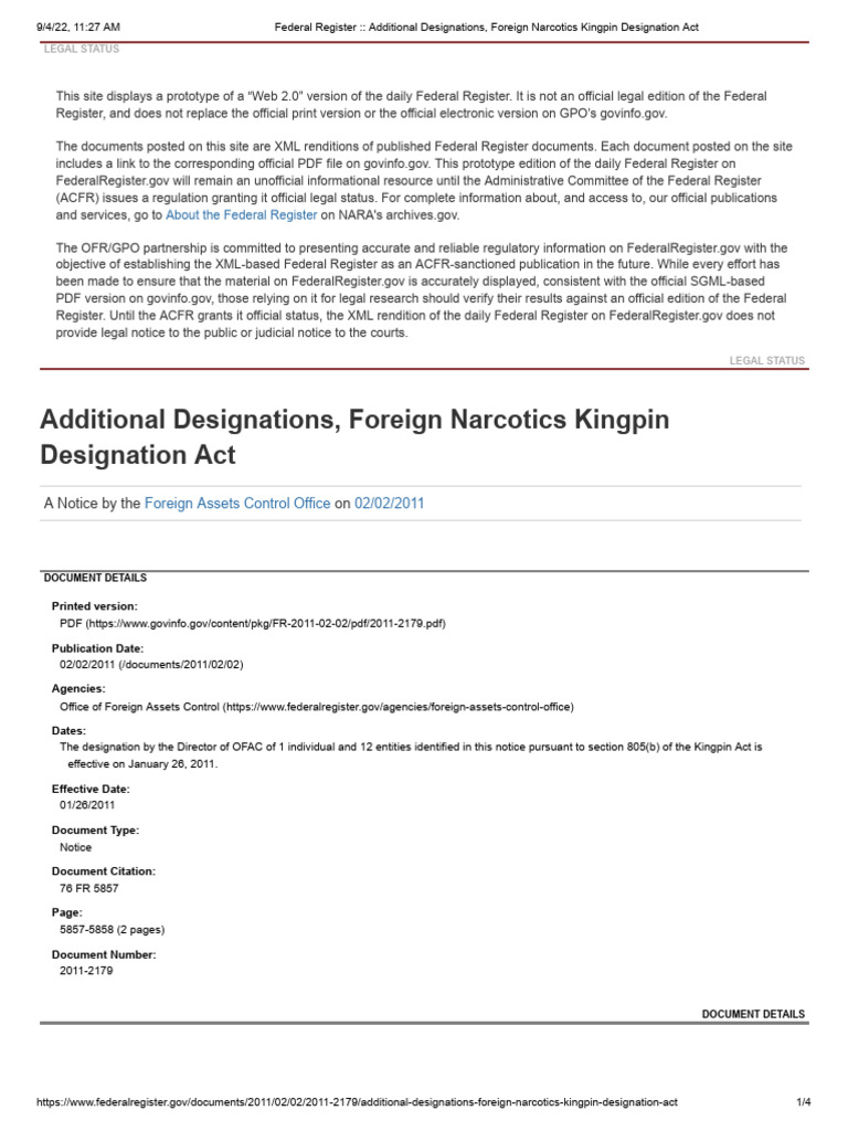 Federal Register Additional Designations, Foreign Narcotics Kingpin