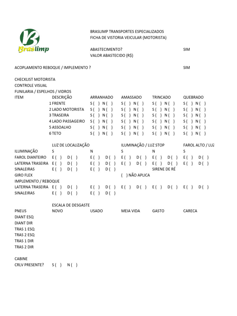 Formulario Checklist Motorista | Download grátis PDF | Veículo ...