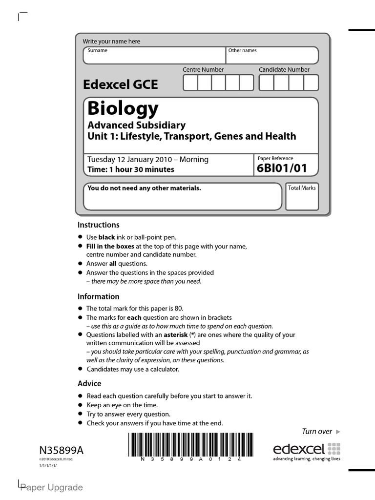 Edexcel GCE Biology Unit 1 Exam Paper | PDF | Dna | Heart