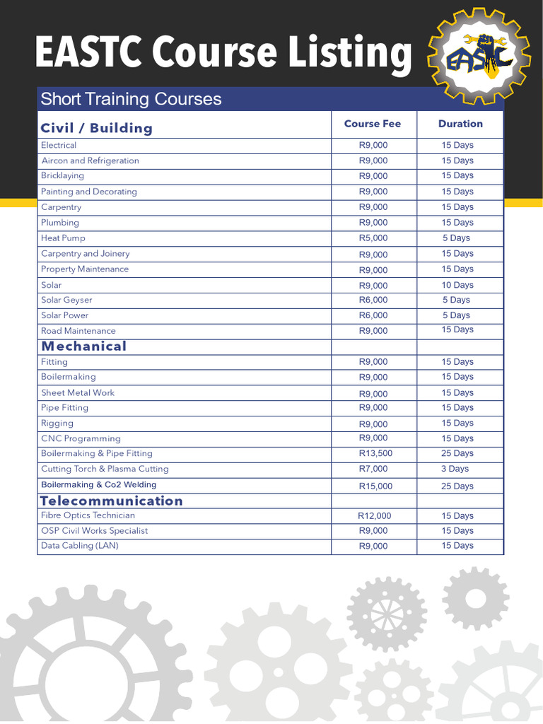 EASTC Course Offerings and Fees | PDF | Welding | Construction