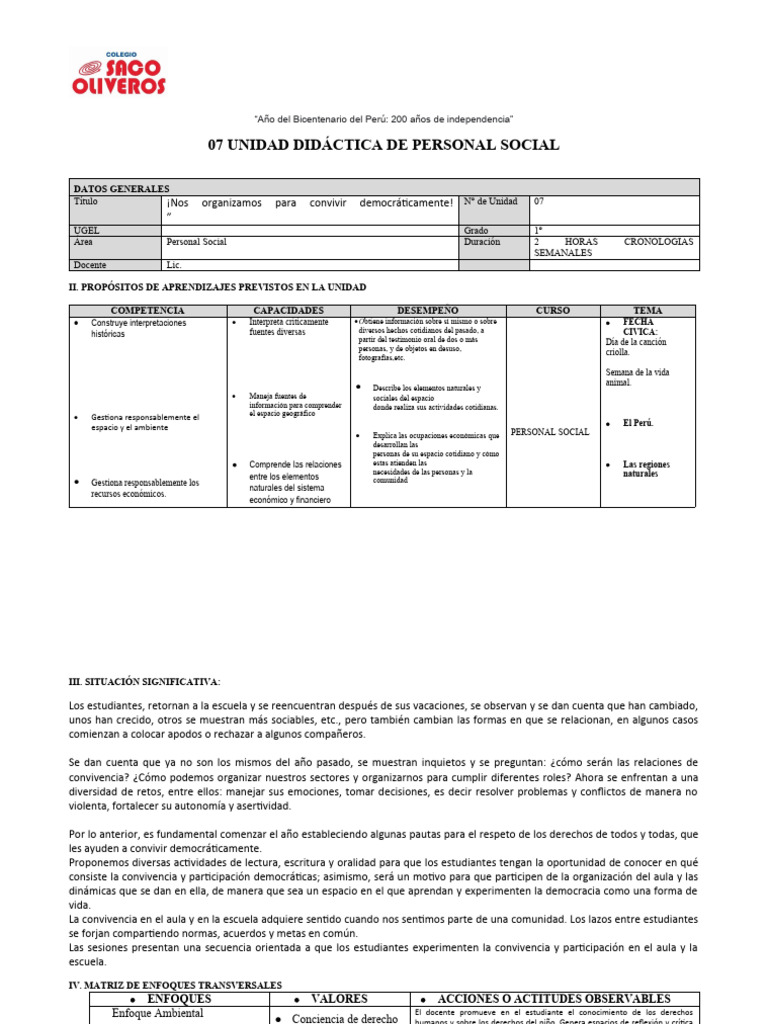 07 Unidad de Aprendizaje Personal Social | PDF | Evaluación | Aprendizaje