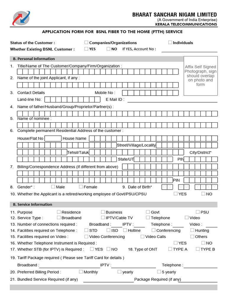 BSNL Bharat Fiber FTTH Application Form PDF
