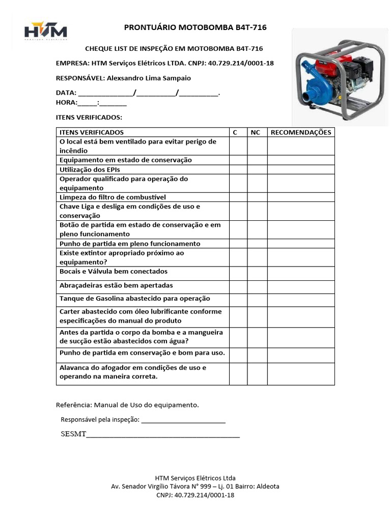 CHECK LIST E PRONTUÁRIO MOTO BOMBA | PDF | Engenharia Mecânica