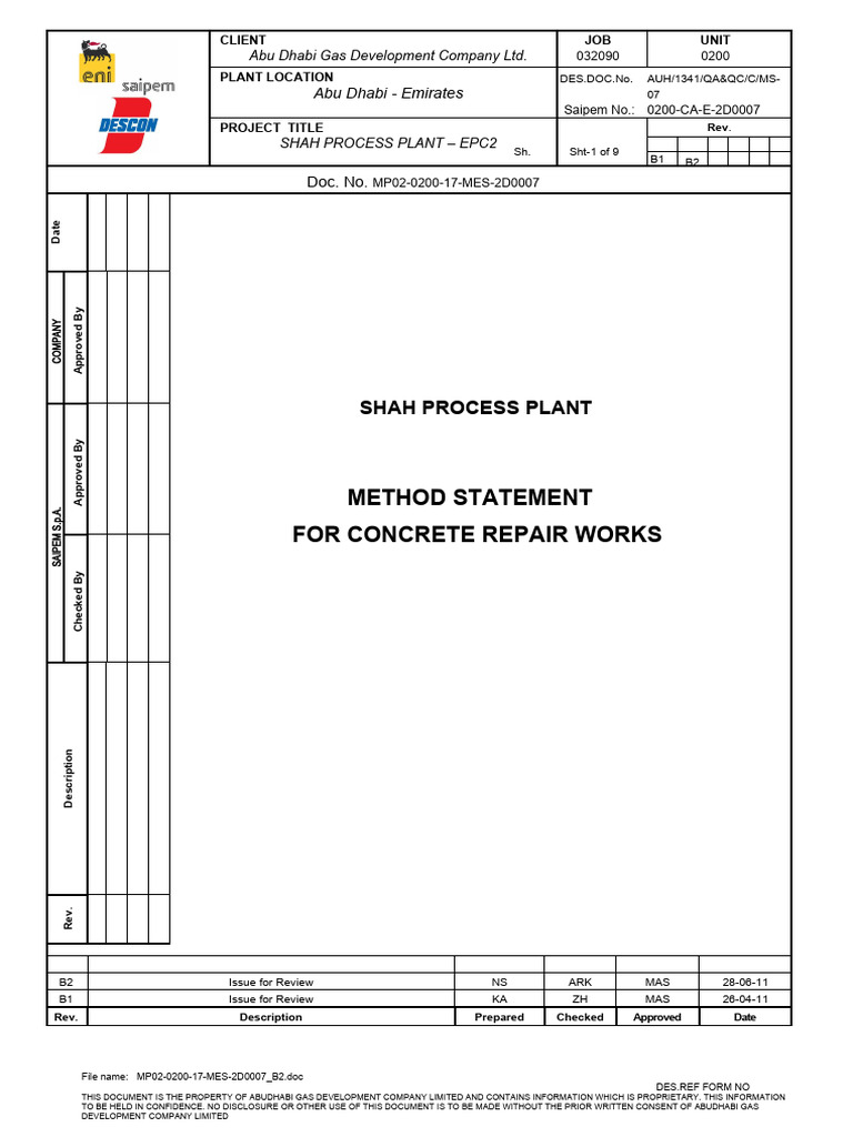  method statement for concrete reapir work mp02 0200 17 mes 2d0007
