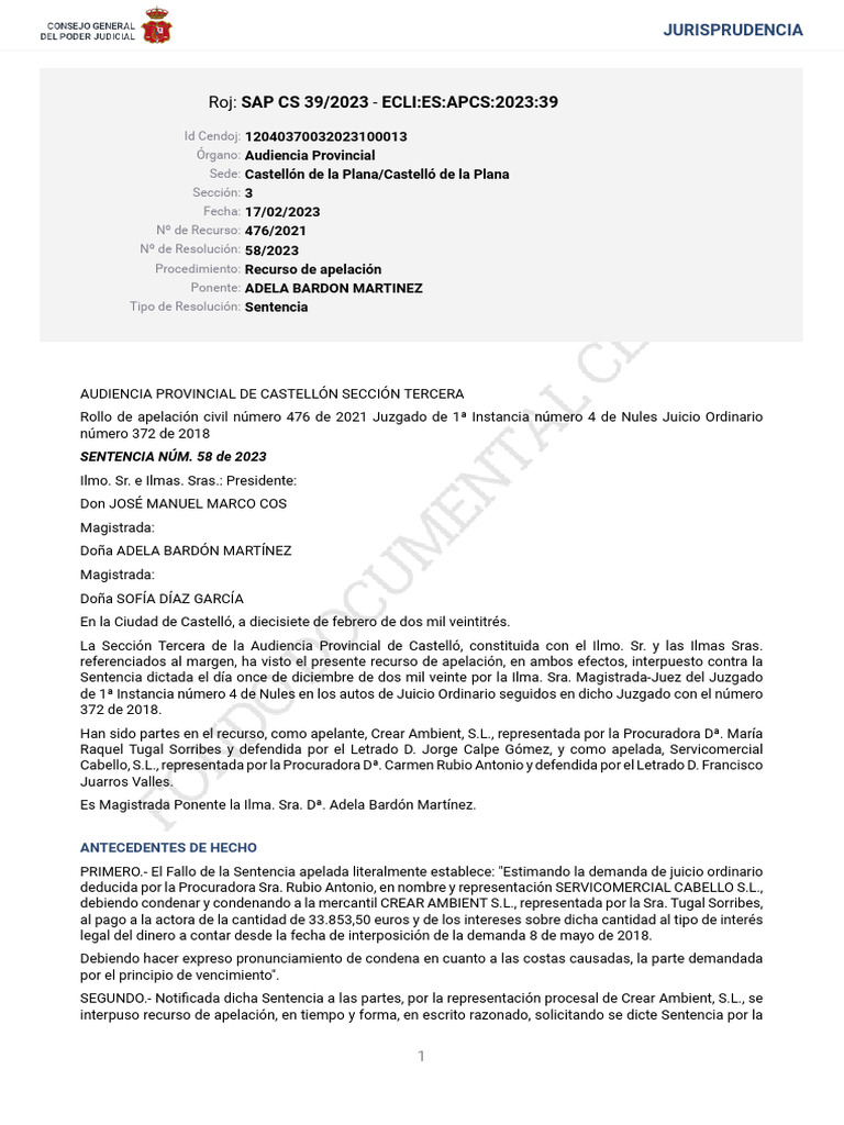 SAP - CS - 39 - 2023 Prescripción | PDF | Sentencia (ley) | Estatuto de ...