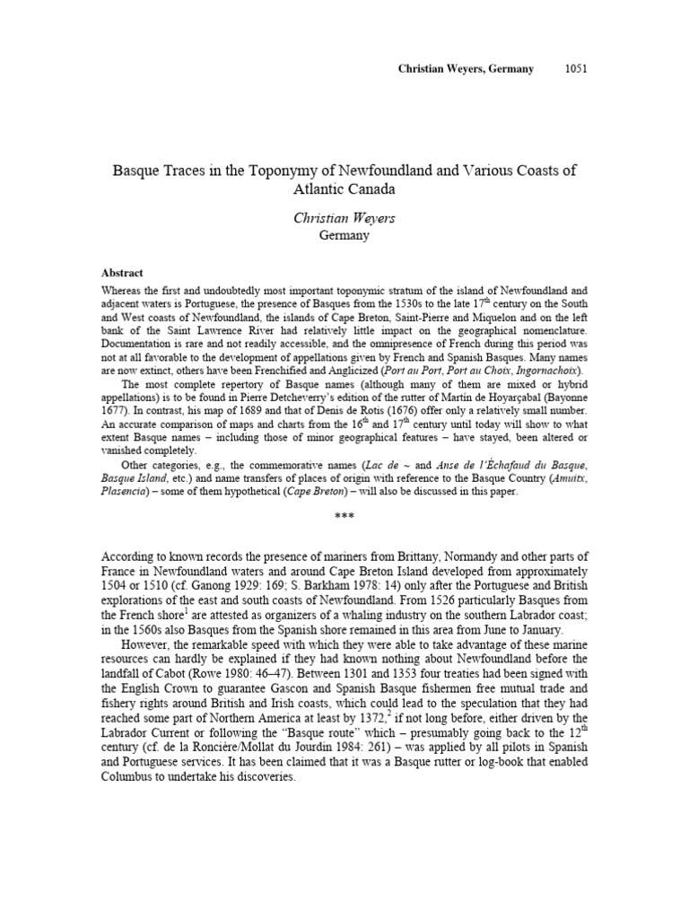 Basque Traces in The Toponymy of Newfoundland and Various Coasts of | PDF