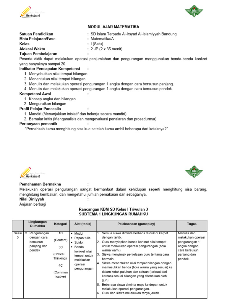 Modul Ajar Matematika Kelas I SD | PDF | Karier & Perkembangan