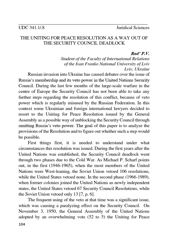 The Uniting For Peace Resolution As A Way Out of The Security Council