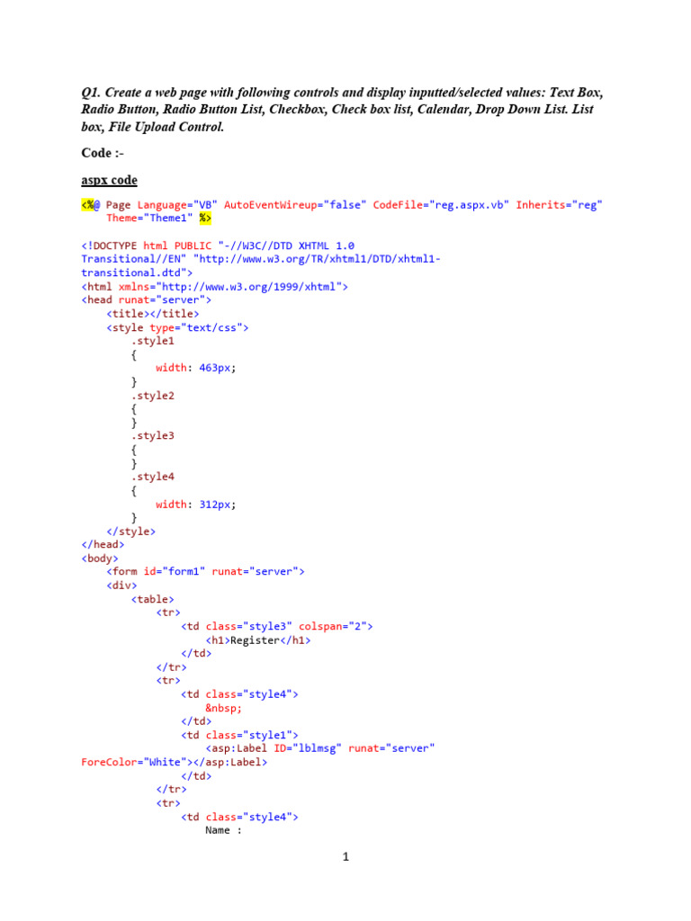 Code:-Aspx Code: Doctype HTML Head Title Title Style .Style1 | PDF ...