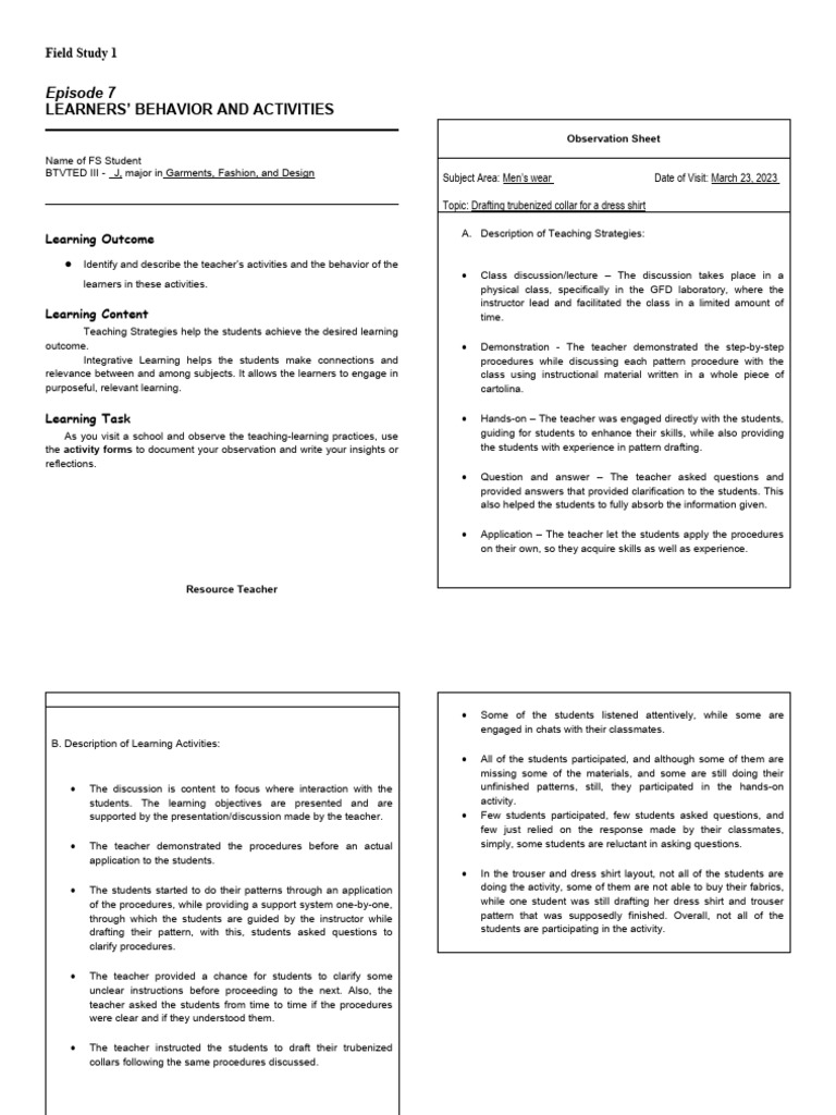 FS 1 Episode 7 | PDF | Teaching Method | Learning