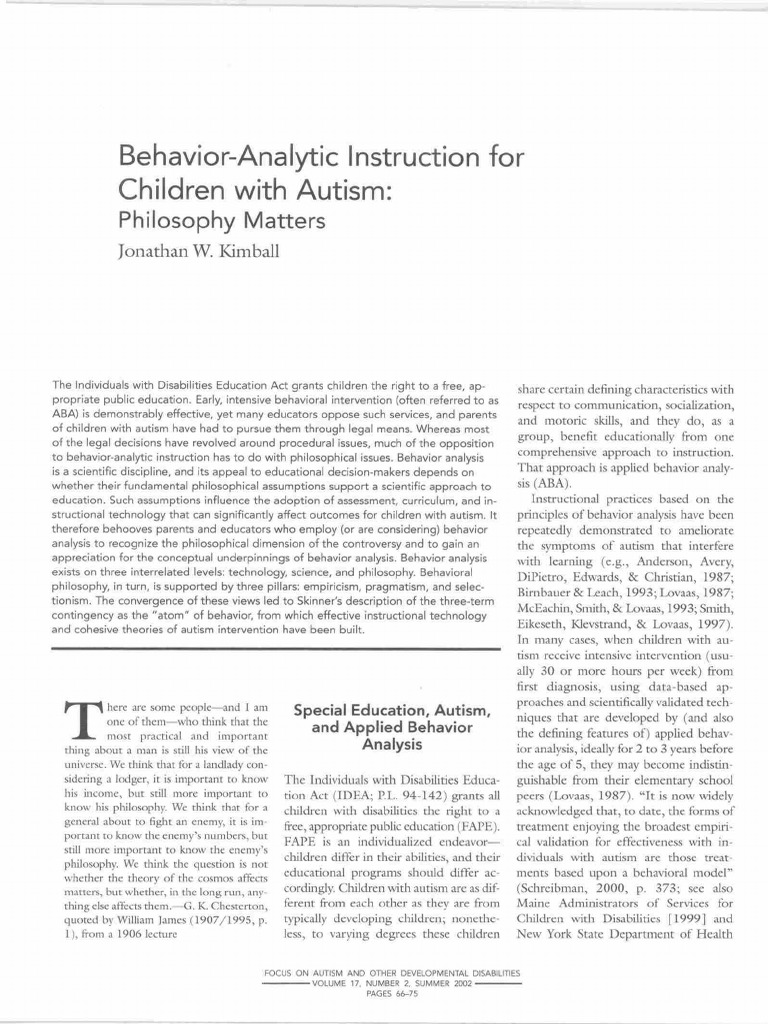 Kimball 2002 behavior analytic instruction for children with autism