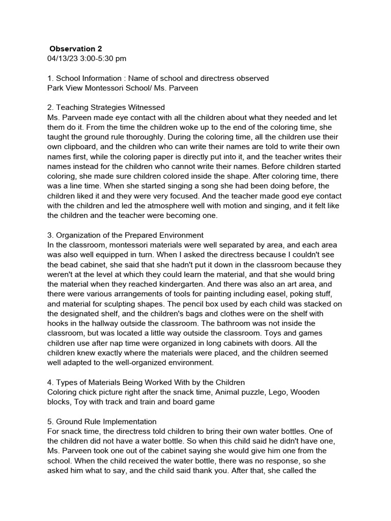 Observation 2 | PDF | Classroom | Montessori Education