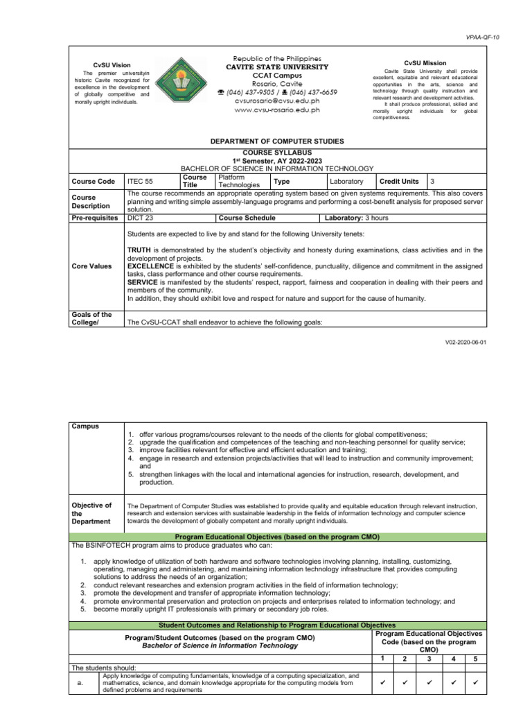 ITEC 55 Platform Technologies Syllabus | PDF | Computing | Information