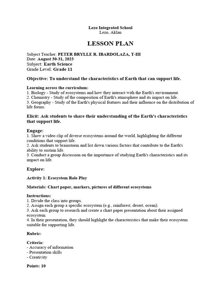 Earth Science Lesson - Plan | PDF | Lesson Plan | Life