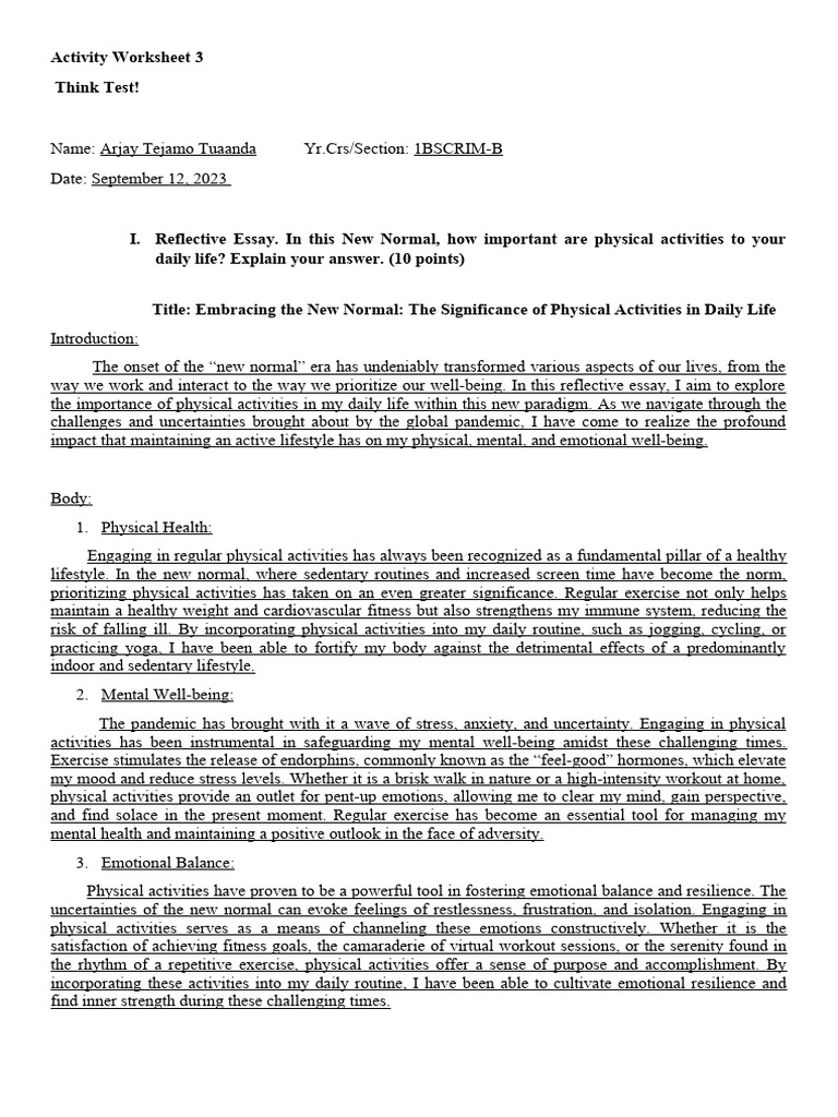 Activity Worksheet 3 | PDF | Physical Fitness | Health Promotion