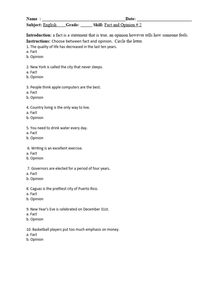 Fact vs. Opinion Worksheet for Students | PDF