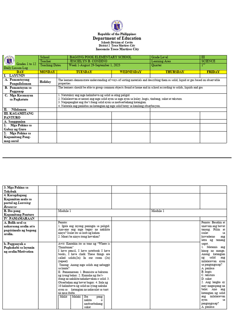 DLL Quarter 1 Week 1 Science | PDF