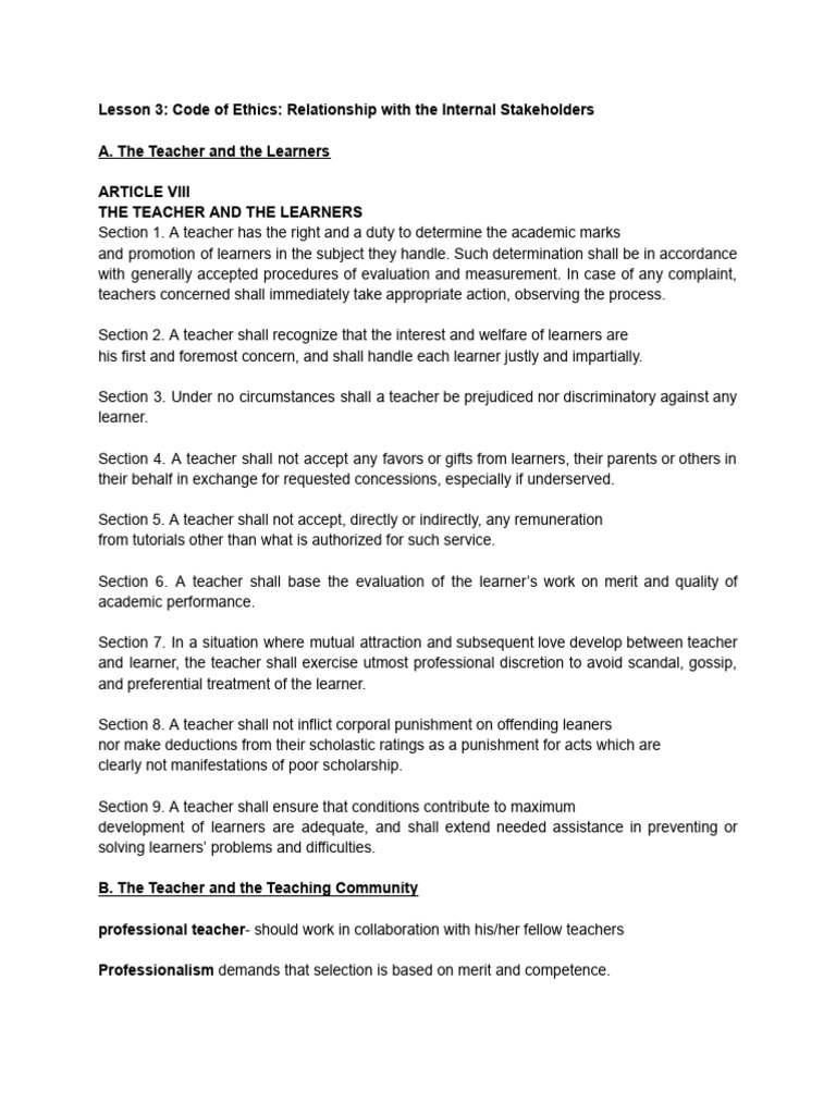 Lesson 3 code of ethics relationship with the internal stakeholders