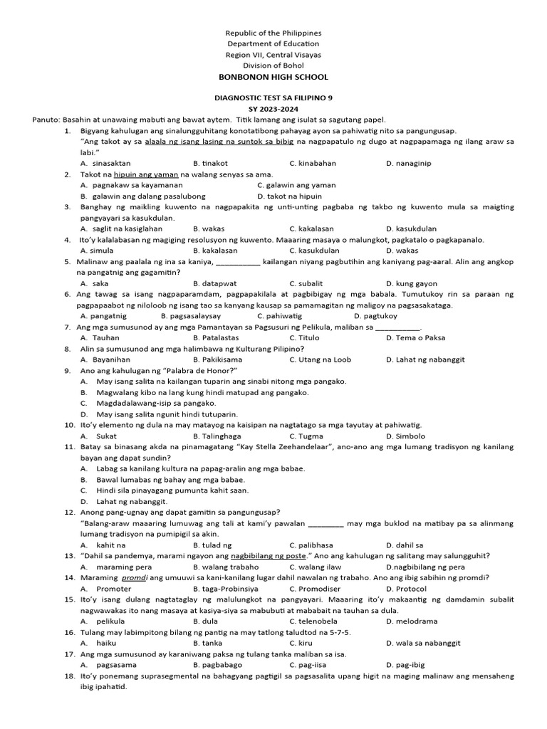 DiagnosticTestInFilipino9 PDF