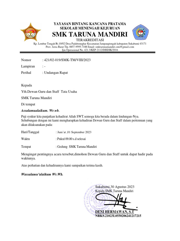 Undangan Rapat Guru Dan Staff | PDF