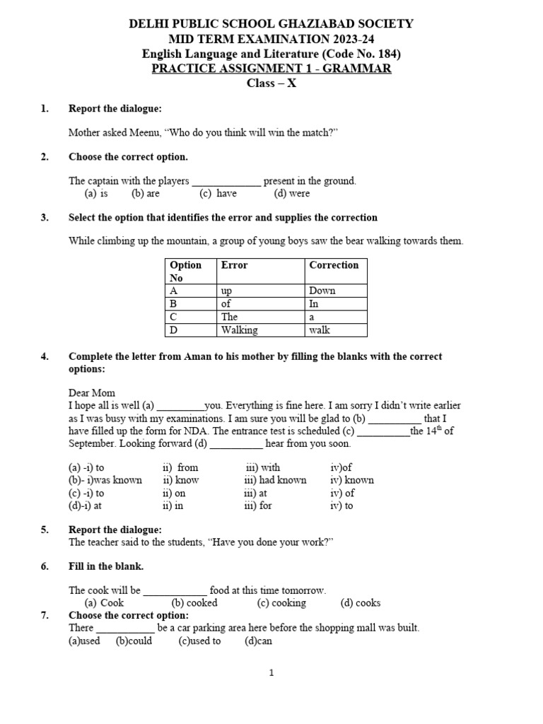 GRAMMAR ASSIGNMENT 1 - ENGLISH - CMTE - Class 10 | PDF
