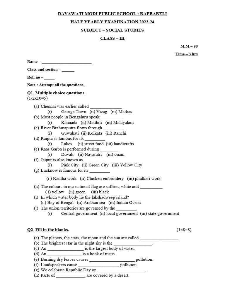 Half Yearly Paper of Class 3 SST PDF