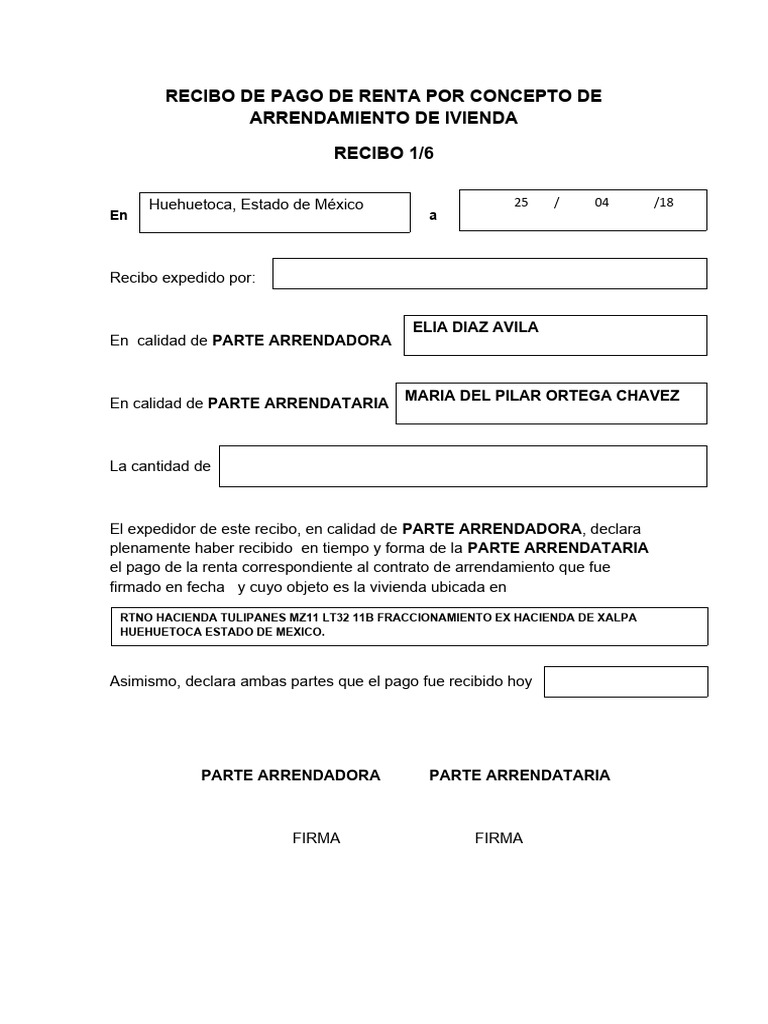 Recibo de Pago de Renta Por Concepto de Arrendamiento | PDF