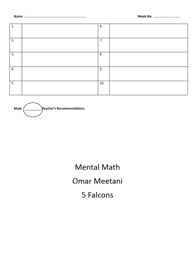 Mental Math Sheet | PDF