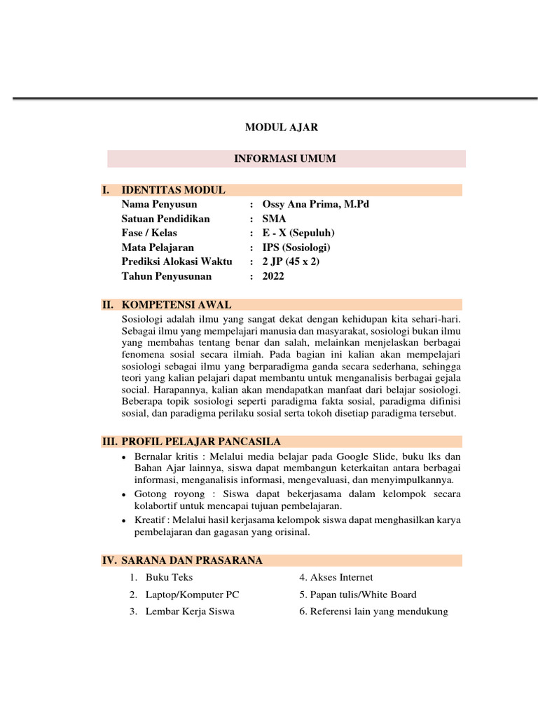Contoh Modul Ajar Sosiologi RPP | PDF | Karier & Perkembangan