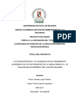 La Concentración Y Su Incidencia en El Rendimiento Académico de Los Estudiantes de La Unidad Básica N.-22 "Paulino Milán Herrera" Del Cantón Milagro