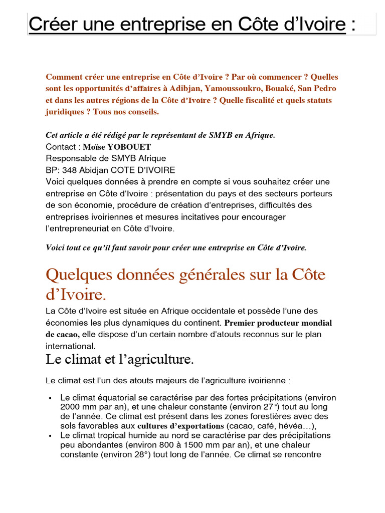 Comment Créer Une Entreprise en Côte d | PDF | Côte d'Ivoire | Business