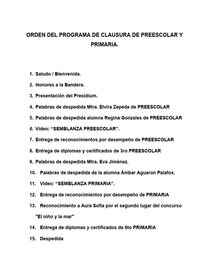 Orden de Clausura Preesc-Prim 22-23 | PDF