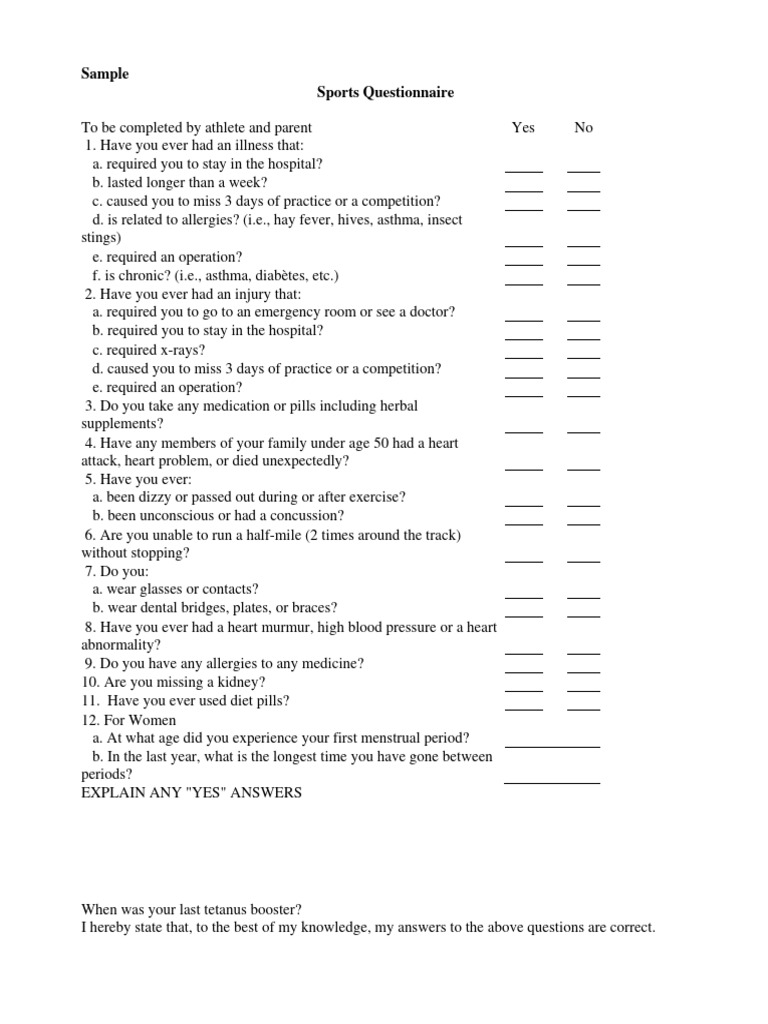 Sample Sports Questionnaire PDF