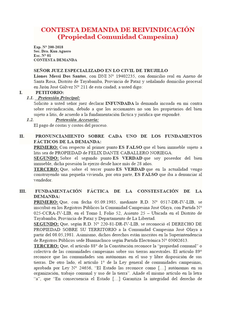 Contestación a Demanda de Reivindicación | PDF | Propiedad | Posesión (Ley)
