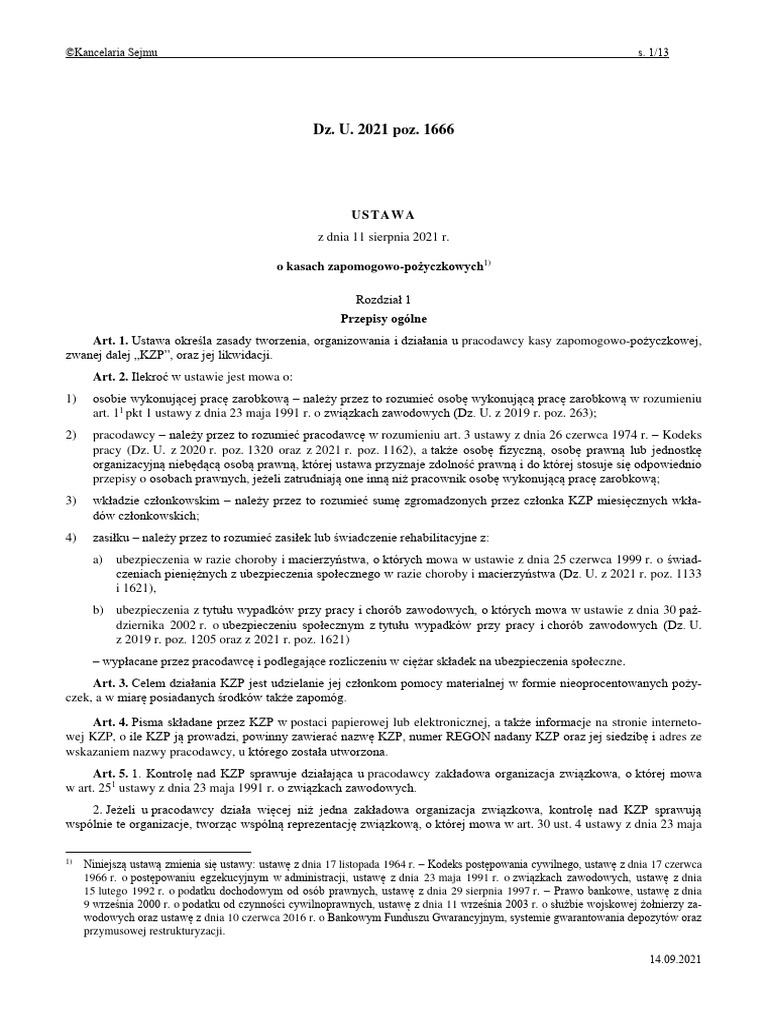 Ustawa o Kasach Zapomogowych PDF