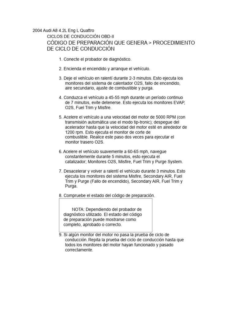 Audi A8 D3 Emissions READINESS CODE GENERATING DRIVE CYCLE PROCEDURE
