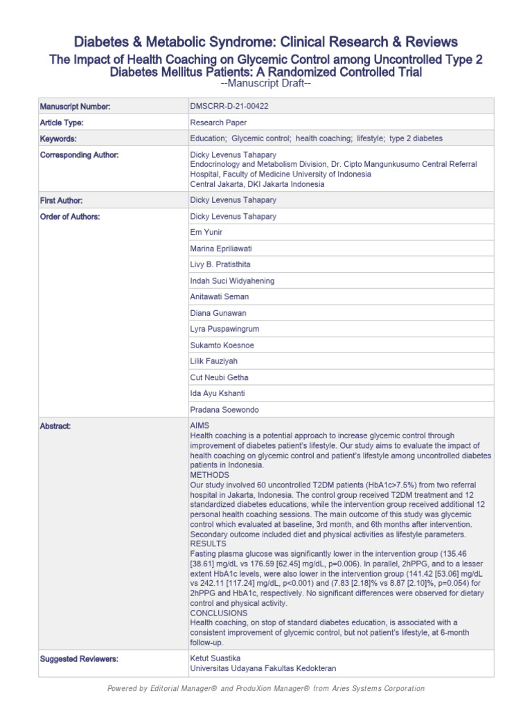 (2021) The Impact of Health Coaching On Glycemic Control Among ...