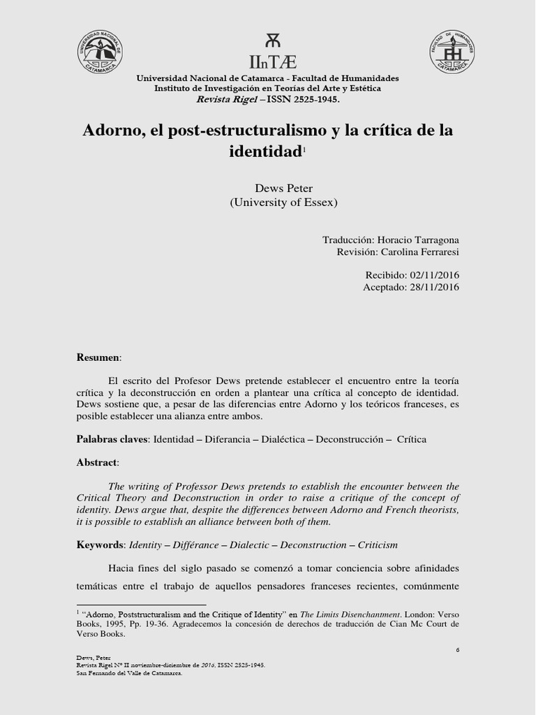 Rigel II Adorno El PostEstructuralismo y La Critica de La Identidad