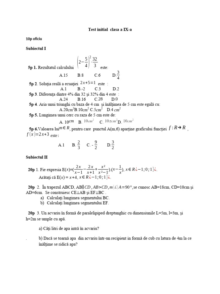 Test Initial Clasa A 9a | PDF