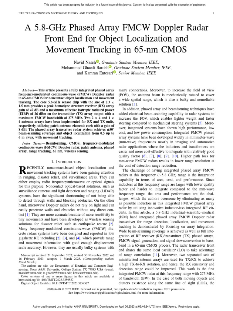 5.8-GHz FMCW Radar for Object Tracking | PDF | Radar | Antenna (Radio)