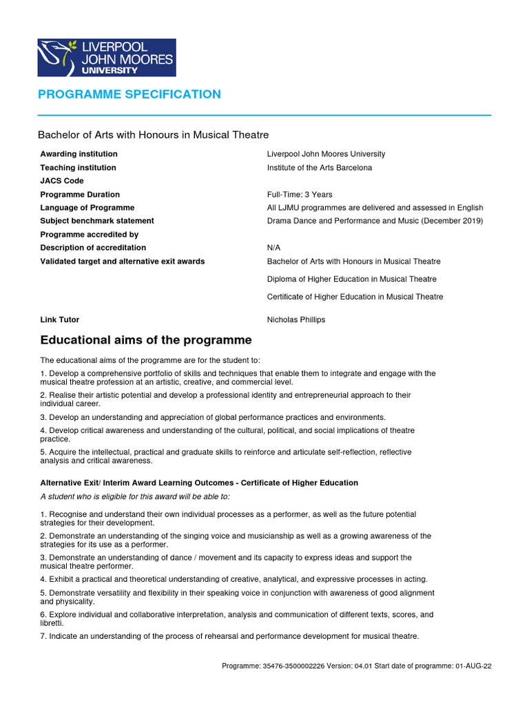 BA Hons Musical Theatre Programme Specification | PDF | Educational ...