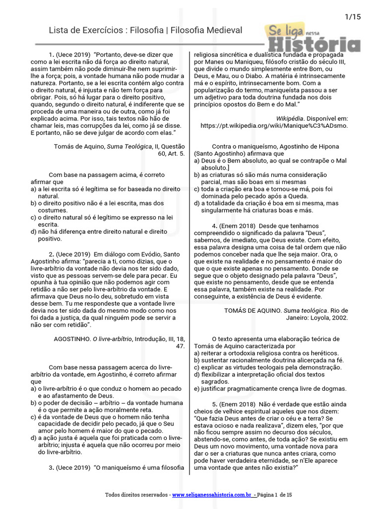Exercícios sobre Filosofia Medieval | PDF | Tomás de Aquino | Deus