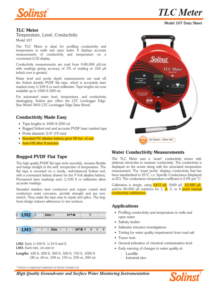02 - Solinst Model 107 TLC Meter Data Sheet | PDF | Fahrenheit ...