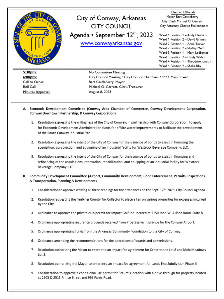 Conway City Council Agenda 9/12/23 | PDF | Bonds (Finance) | Taxes