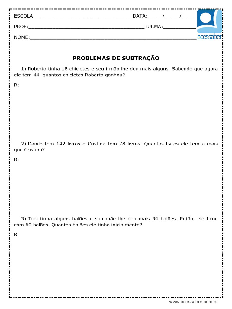 atividade-de-matematica-problemas-de-subtracao-2-ano-e-3-ano | PDF